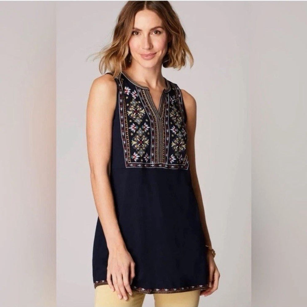 J Jill Women's Sleeveless Top Size L Navy Blue Embroidered V Neck Slub Floral
